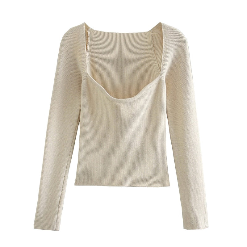 Kukombo Stylish Chic Beige Knitted Cropped Blouses Women 2023 Square Collar Shirts Girls Streetwear Casual Tops Fall Long Sleeve