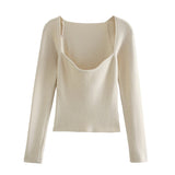 Kukombo Stylish Chic Beige Knitted Cropped Blouses Women 2023 Fashion Square Collar Shirts Girls Streetwear Casual Tops