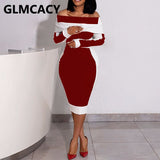 Kukombo Women Long Sleeve Fold Over Off Shoulder Bodycon Dress Elegant Office Ladies Midi Dress