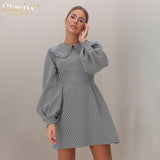 Kukombo Elegant Slim Doll Collar Wave Point Dress Women Casual O-Neck Long Sleeve Mini Dresses Lady Vintage Office Dress Female