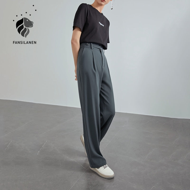 Christmas Gift FANSILANEN Office Lady Mopping Pants Women 2021 Summer Straight Loose Casual Suit Pants High Waist Drape Wide Leg Trousers