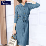 Christmas Gift Women Knitted Dresses Solid Female Long Sleeve Dress 2021 New Autumn Winter Turn-down Collar Button Solid Slim Dresses