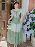 Kukombo Mori Girl Green Gentle Fairy Summer Chiffon Dresses Puff Sleeve Square Neck Elegant French Retro Floral Dress Vestidos De Fiesta