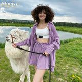 Kukombo Elegant Solid Sets For Women Casual Long Sleeve Blouse Shirts High Wasit Lace-Up Two Piece Short Set Fashion Home Suit