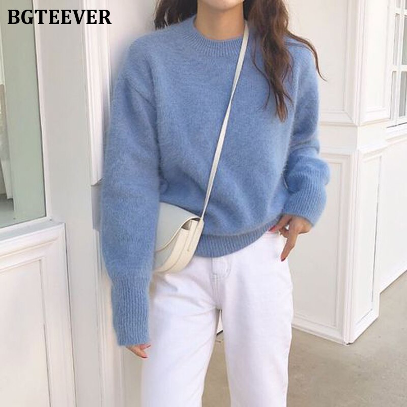 Christmas Gift BGTEEVER 2021 Casual Warm O-neck Winter Women Sweater Long-sleeved Female Knitted Jumpers Pullover Sweater Knit Tops