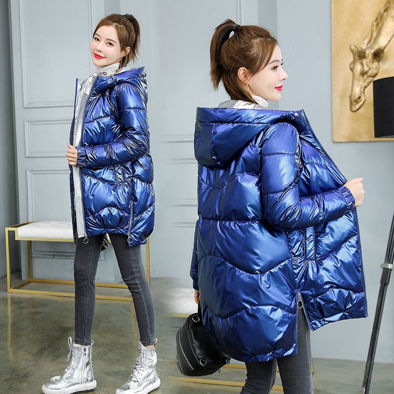 Christmas Gift 2021 New Winter Jacket Parkas Women Glossy Down Cotton Jacket Hooded Parka Warm Female Cotton Padded Jacket Casual Outwear P985