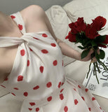 Kukombo Elegant Women Halter Polka Dot Midi Dress Ladies Solid Vintage Strapless Dresses Korean Clothing Femme Robe Summer Vestidos