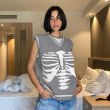 Kukombo Halloween Skulls Pullovers Sweater Sleeveless Vest V-Neck Knitwear Tank Top Casual Women Streetwear 2022 Autumn Preppy Style Lady