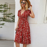 Christmas Gift Women's Summer Dress 2021 New Girl V-neck A-line Short Sleeve Chiffon Long Floral Party Beach Red Dress Femme Robe Clothing