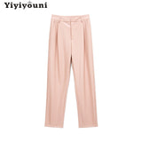 Christmas Gift Yiyiyouni Autumn Winter Fleece Loose Leather Trousers Women High Waist Zipper Fly Casual Pink PU Leather Pants Female 2021 New