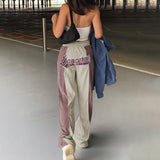 Kukombo Autumn Winter Wide Leg Pants Women Casual Print Letter Blue Casual Fashion Vintage High Waist Oversized Trouser