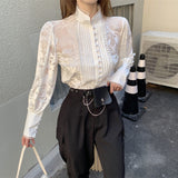 Kukombo Korean Two-Piece Set Women Winter New Temperament Stand-Up Collar Puff Sleeve Shirt Tops Female + Harem Pants Suit Female