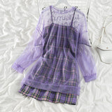Kukombo Dress Sets Women Purple Sweet Ladies Retro Korean Style Students Fresh Mini Two Piece Casual Holiday Girls Slim Ins Maiden Chic