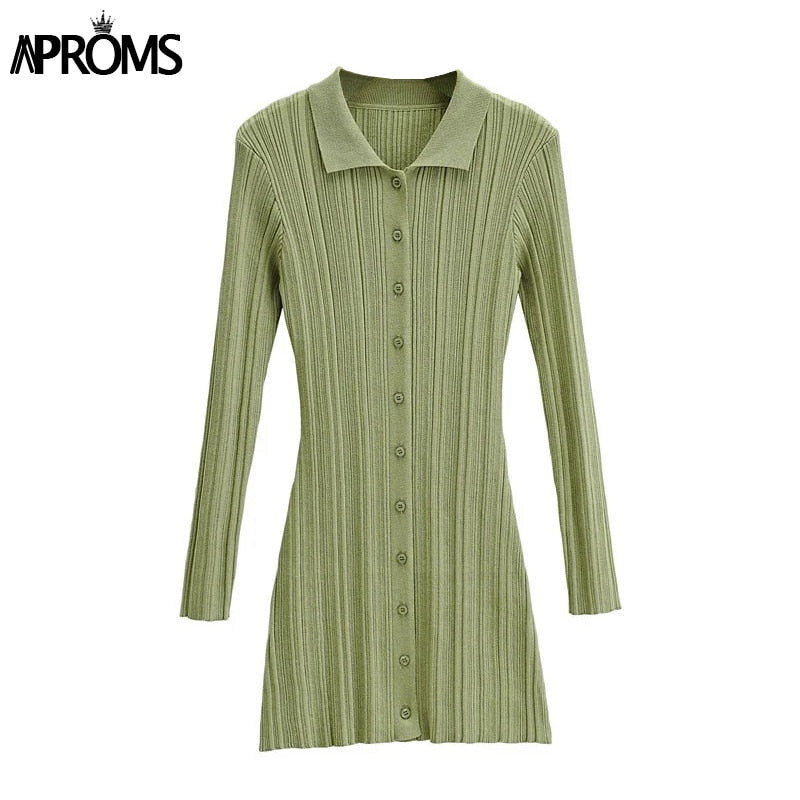 Christmas Gift Aproms Elegant Green Thick Ribbed Knitted Shirt Dress Women 2021 Winter Buttons Long Sleeve Stretch Bodycon Short Mini Dresses