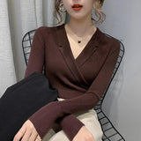 Christmas Gift V-neck Sweater Women Knitted Bottoming Shirt 2021 Autumn New Solid Slim Pullover Casual Long Sleeve Soft Outside Sweater