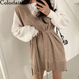 Christmas Gift New 2021 Spring Autumn Women Dresses V-Neck Split Knitted Lace Up Sleeveless Korean Style Elegant Lady Dress DR18213