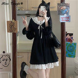 Kukombo  Kukombo  Autumn Black Lolita Dress Women Patchwork Elegant Vintage Party Mini Dress Female Casual Bow High Waist Korean Kawaii Dress 2022 K105