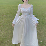 Kukombo Fairy Dress Retro Square Collar Floral Vestidos Sweet Robe Femme White Dress Party Elegant Bridesmaid Dress High Quality Female