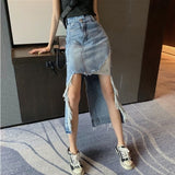 Kukombo Denim Skirts Women Holes Streetwear High Waisted 2022 New Faldas Korean Summer Irregular Long Skirts Female Solid Юбка