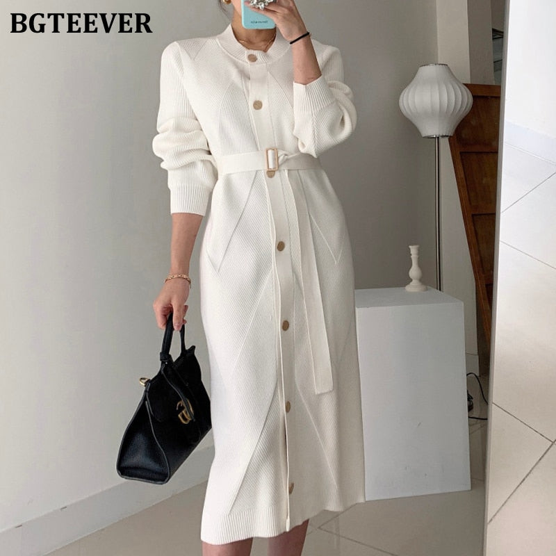Christmas Gift BGTEEVER Elegant O-neck Single-breasted Women Solid Sweater Dress OL Style Long Sleeve Belted Knitted Mid-length Dress Female