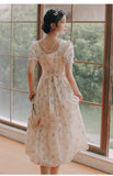 Kukombo Summer Short Sleeve Chiffon Fairy Dress Women 2022 Round Neck Elegant Beaded Backless Sexy Print Lace Puff Sleeve Sweet Vestido