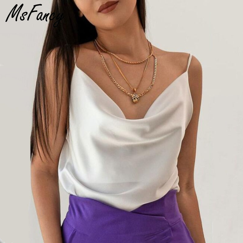 Christmas Gift Msfancy Summer Satin Camisole Women 2021 White Sleeveless Tops Mujer Sexy Strap Basic Tops