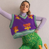 Christmas Gift HEYounGIRL Floral Print Sleeveless Knit Vest Women Autumn Crop Top Sweater Women V Neck Vintage Knitwear Streetwear 2021