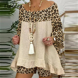 Summer Vintage Leopard Patchwork Outfits Set Cotton Linen Shirt Tops And Loose Shorts Suit Casual 3/4 Sleeve Women Two Piece Set-0406