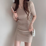 Christmas Gift Korean chic temperament dress shows thin V-neck dresses slim pit bar buttocks small screw thread cool silk knitted dress female