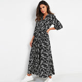 Christmas Gift Vintage Floral Print Maxi Dress Women Boho Three Quarter Sleeve Long Dress Turn Down Collar Casual Shirt Dresses Robe