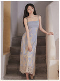 Kukombo High Sense Women Two Piece Set Blue Long Sleeved Chic Slit Gentle Blouse+Sexy Hollow Back Square Collar Print Lace Sling Dress
