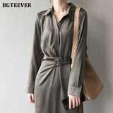 Christmas Gift BGTEEVER Fashion Turn-down Collar Women Satin Mid-length Dress Casual Loose Irregular Belted Female Dress 2021 Summer