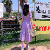 Kukombo Short Puff Sleeve Dress Women Peter Pan Collar Calf-Length Elegant Solid Pleated Korean Sweet Girls Female Stylish Purple Chic