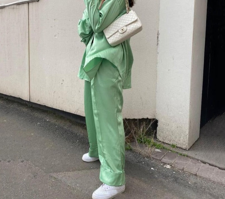 Kukombo Christmas Gift Msfancy Green Pant Suits Women Long Sleeve Oversized Blouse Elastic Waist Wide Leg Pants Pajamas Female 2 Piece Set
