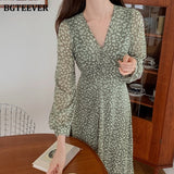 Christmas Gift BGTEEVER Casual V-neck Floral Midi Dress for Women V-neck Slim Waist Female Ruched Green Chiffon Dress 2021 Spring Vestidos