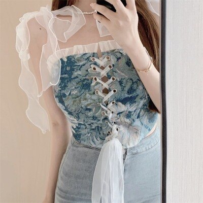 Kukombo Summer Beach Sexy Floral With Corset Women Boho Vintage Elegant Party Strap Crop Tops Bandage Lace Y2k Korean Bustiers Crop