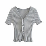 Kukombo Christmas Gift Summer Women Harajuku Knitted Short Ruffles Sleeve Shirt Crop Top Street Wear Femme Knit Skinny Tee Shirt Women