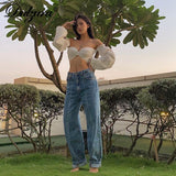 Kukombo Ruched Bow Women White Shirts Crop Top Puff Long Sleeve Off Shoulder Elegant Party Streetwear spring summer Club