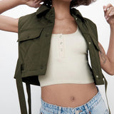 Kukombo Stylish Chic Green Pocekts Quilting Cropped Vests Women 2021 Fashion Side Buttons Tie Turn-down Collar Waistcoat