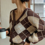 Christmas Gift Fall 2021 Women Clothing Oversize Womens Sweaters Autumn Vintage Loose Winter Sweater Knitted Women Cardigan Knit Button rhombus