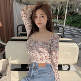 Christmas Gift Blouses Women Folds Slim Summer Casual Long Sleeve Crops Students Korean Style Vintage Romance Floral Popular Blusas Female Tops