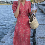 Kukombo Summer Dress Soft V-neck Floral Print Ladies Midi Dress Short Sleeve Lace-up Slim Waist Female Dress Women Vestidos