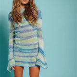Kukombo Autumn Outfits Tie Dye Mini Knitted Sweater Dress Women Long Sleeve Sexy Backless Beach Bodycon Dress For Women Winter Clothing