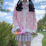 Kukombo Sweet Love Knitted Cardigan Women Kawaii Pink Cardigans Japanese Autumn Winter New V-Neck Sweater Jacket Woman