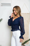 Kukombo Casual Cropped Blouse Shirt Sheer Autumn V-Neck Sexy Women Blouse Long Sleeve Holiday Female Ladies Tops 2023