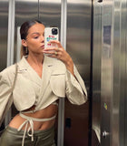 Kukombo Gray Double Layer Bandage Slim Blazer Women Long Sleeve Pocket Short Jacket Female Notched Collar Outwear Tops New