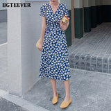 Christmas Gift BGTEEVER Vintage Women Chiffon Dress V-neck Short Sleeve Floral Print Midi Dress Female Slim Waist Lace-up A-line Vestidos femme