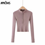 Christmas Gift Aproms Elegant High Neck Zipper Front Knitted Sweater Women Solid Basic Cropped Pullover Winter Spring Fashion Clothing Top 2021