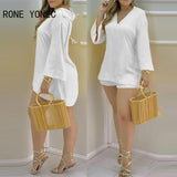 Kukombo Women Two Piec Set Solid Plain Bell Sleeve V-Neck Top & Shorts Set Outfit Summer suit
