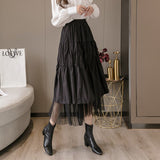Kukombo 2022 Women Winter Tulle Long Skirt High Waist Ruffles White Pleated Skirts Gothic Black Jupe Femme Skirt Saia Midi Faldas Girls
